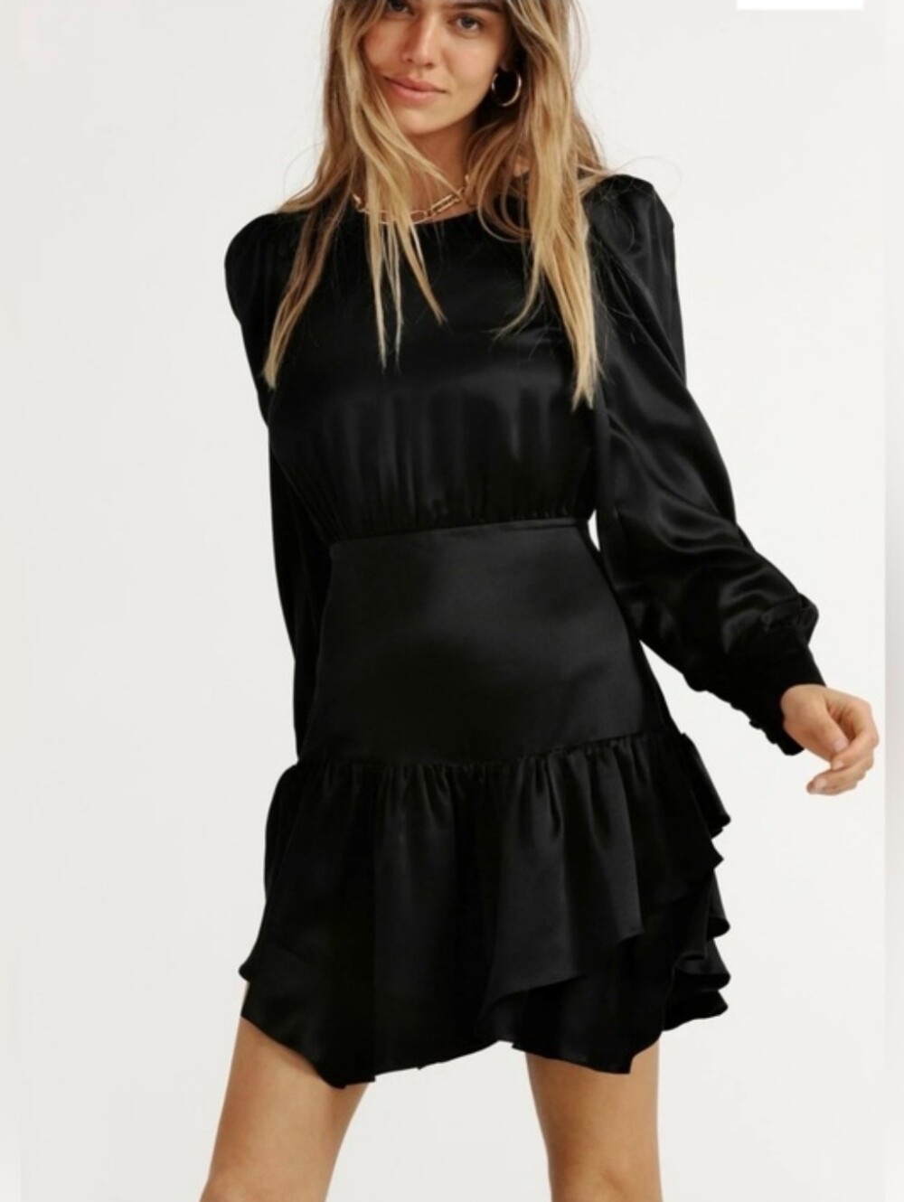 LoveShackFancy Black Satin Tiered Ruffle Mini Dress Size 8 Long Sleeve Puff Slee